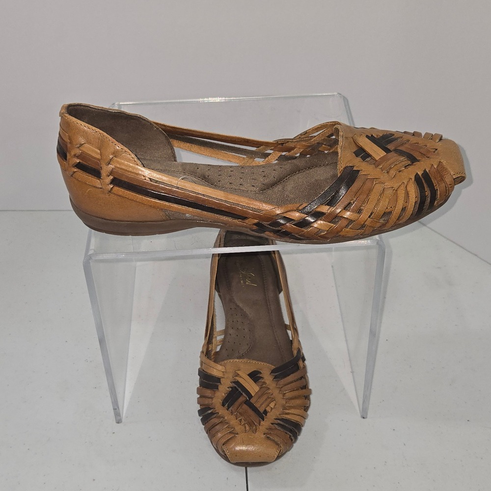 Natural Soul by Naturalizer Grandeur Tan Leather Woven Huarache Flats Shoes 10M